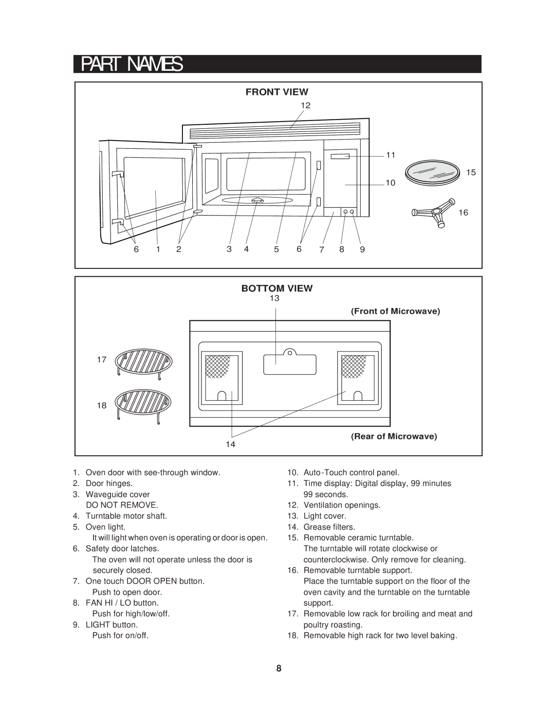 Sharp R1870BK, R-1870, R-1871, R-1872 Front View Bottom View, Front of Microwave Rear of Microwave, Do not Remove 