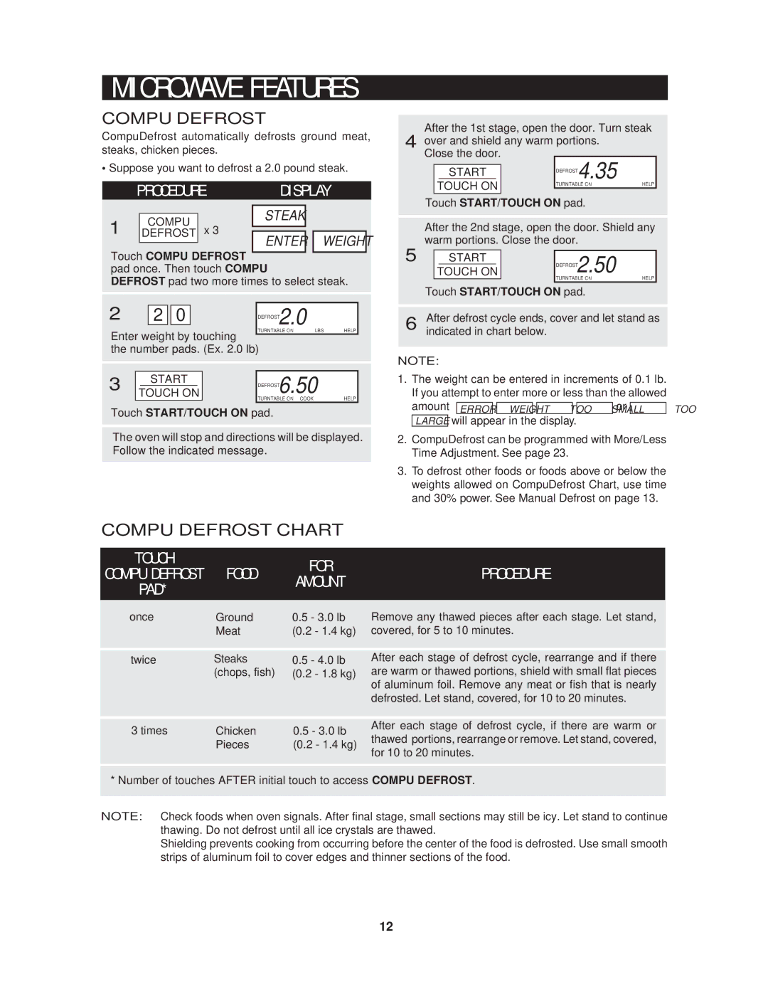 Sharp R1870BK, R-1870, R-1871, R-1872 Compu Defrost Chart, Steak, Enter, Touch Compu Defrost pad once. Then touch Compu 