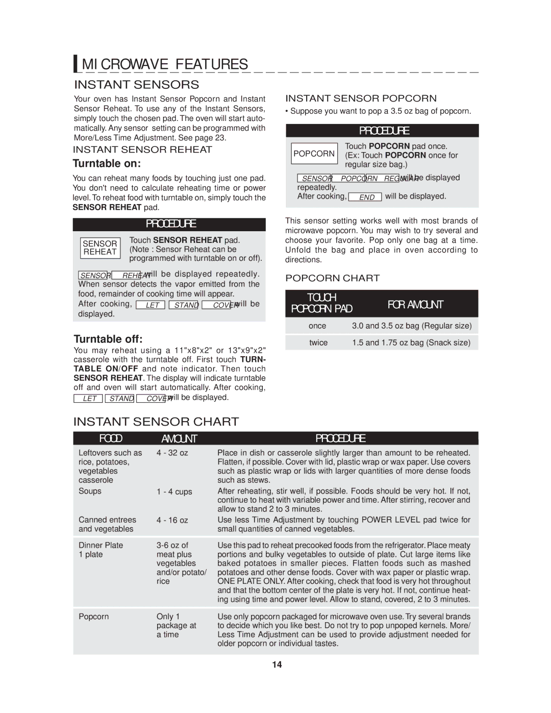 Sharp R-1870, R-1871 Instant Sensors, Instant Sensor Chart, Instant Sensor Reheat, Instant Sensor Popcorn, Popcorn Chart 