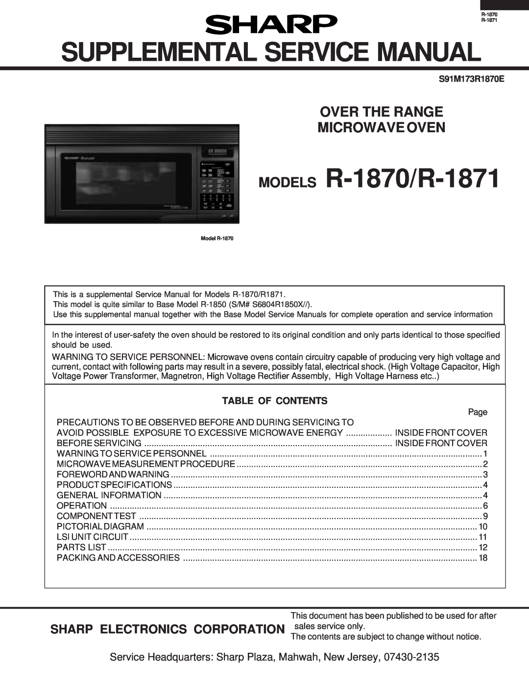 Sharp service manual SHARP ELECTRONICS CORPORATION sales service only, Table Of Contents, MODELS R-1870/R-1871 