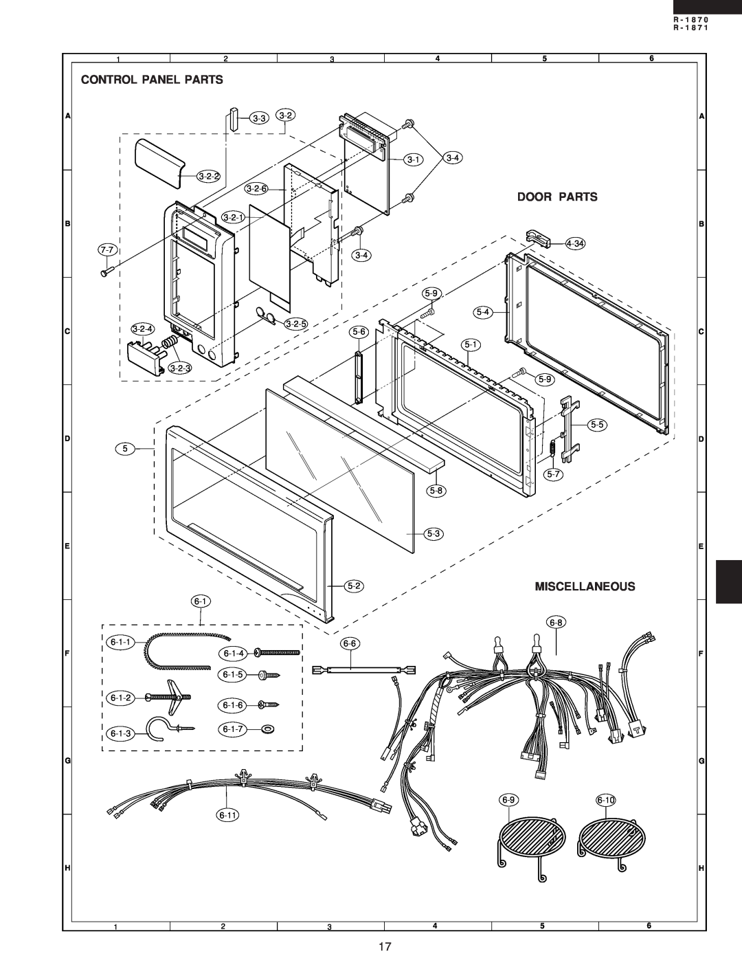 Sharp R-1870 service manual Control Panel Parts, Door Parts, Miscellaneous, R - 1 8 7 