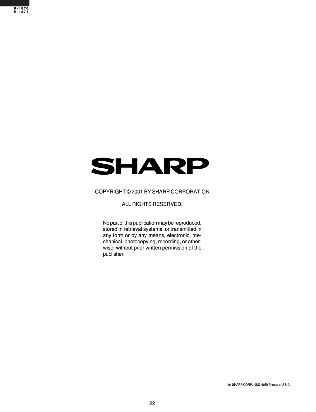 Sharp R-1870 service manual COPYRIGHT 2001 BY SHARP CORPORATION ALL RIGHTS RESERVED, R - 1 8 7 R - 1 8 7 