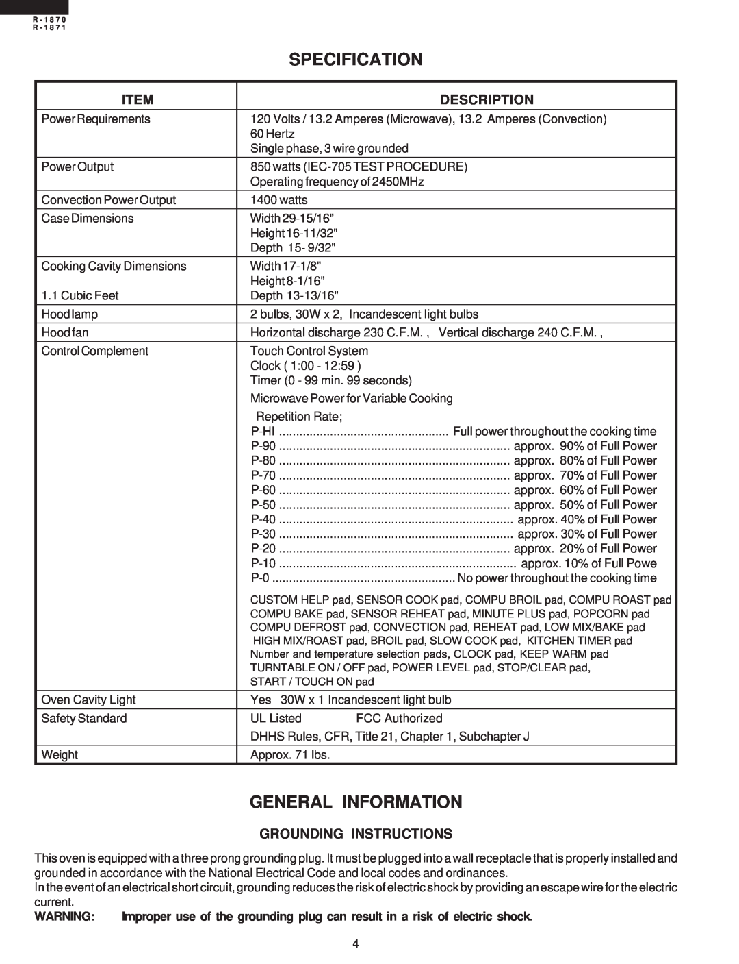 Sharp R-1870 service manual Specification, General Information, Description, Grounding Instructions, current 