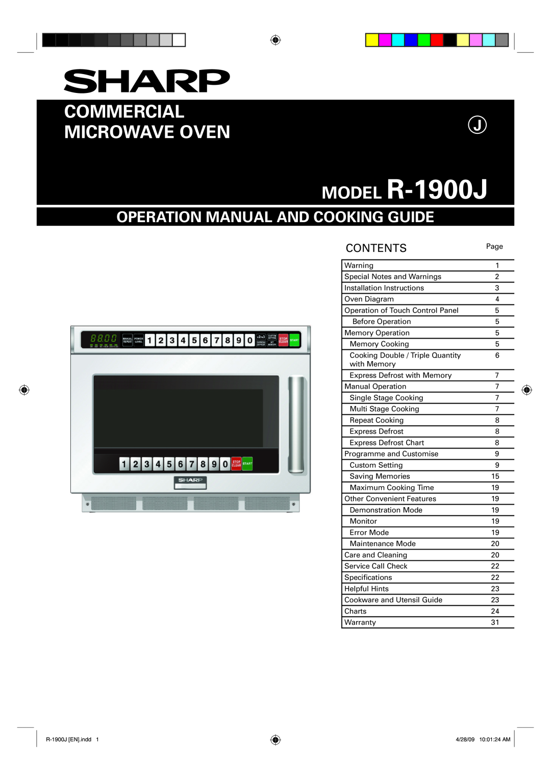 Sharp operation manual MODEL R-1900J, Commercial Microwave Oven, Operation Manual And Cooking Guide, Contents 