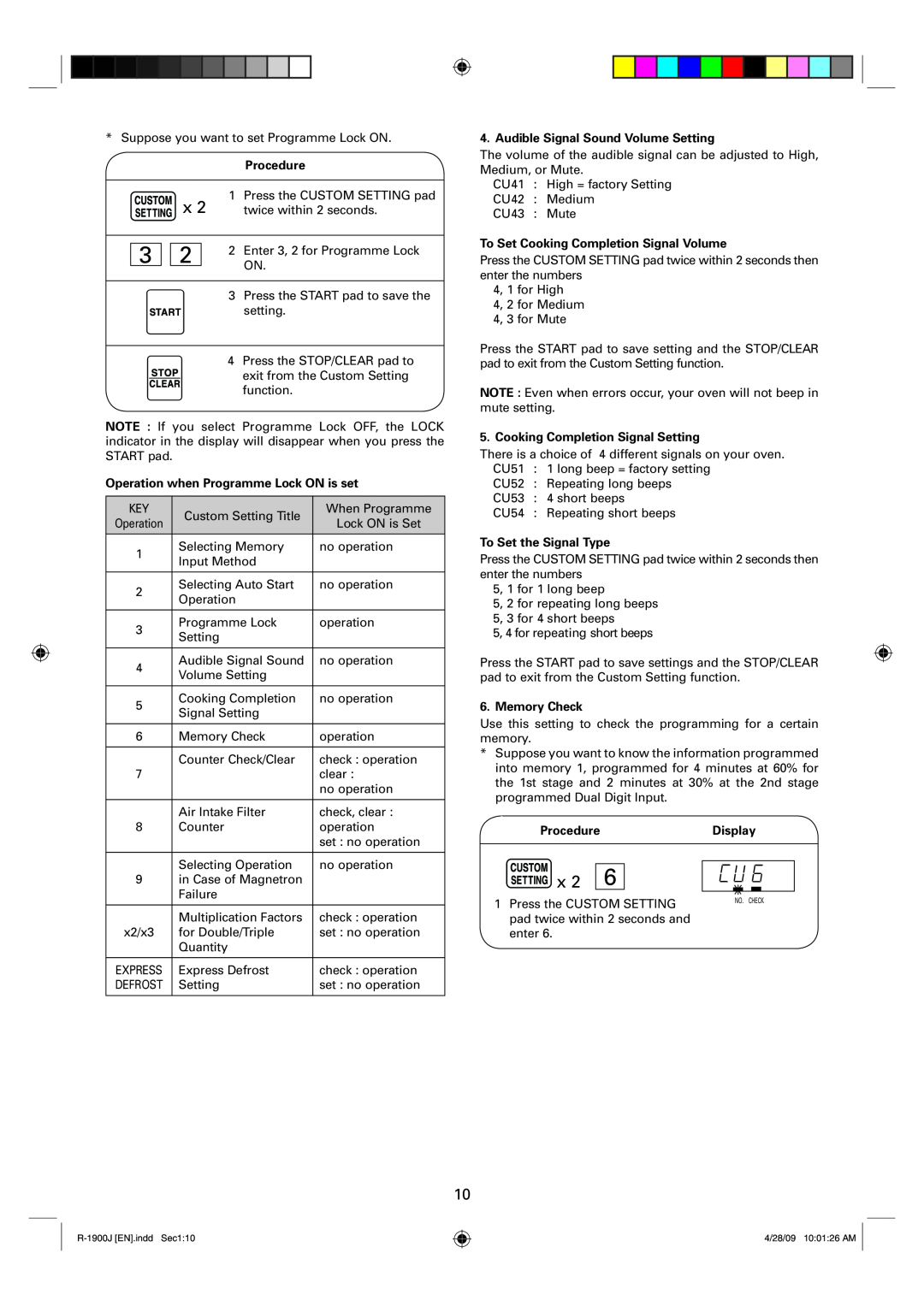 Sharp R-1900J Procedure, Operation when Programme Lock ON is set, Audible Signal Sound Volume Setting, Memory Check 