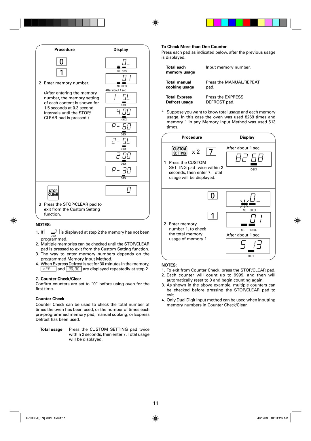 Sharp R-1900J ProcedureDisplay, To Check More than One Counter, Total each, Input memory number, memory usage, DEFROST pad 