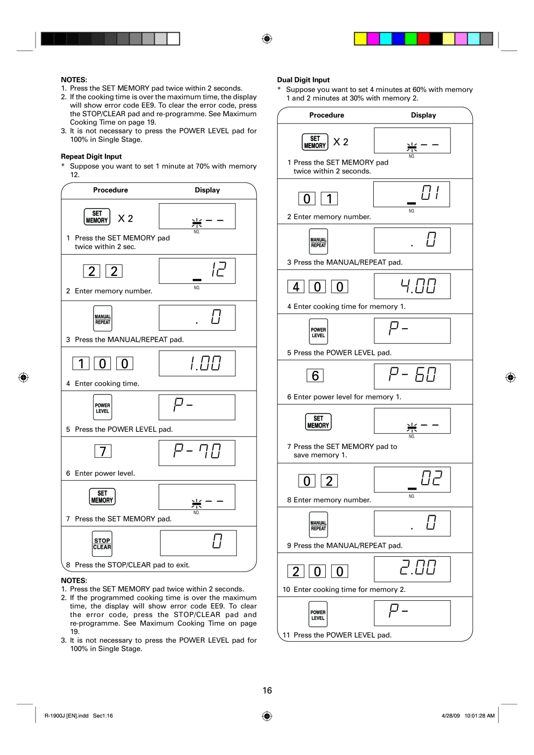 Sharp R-1900J operation manual 4 0, 1 0, 2 0, Repeat Digit Input, ProcedureDisplay, Dual Digit Input 