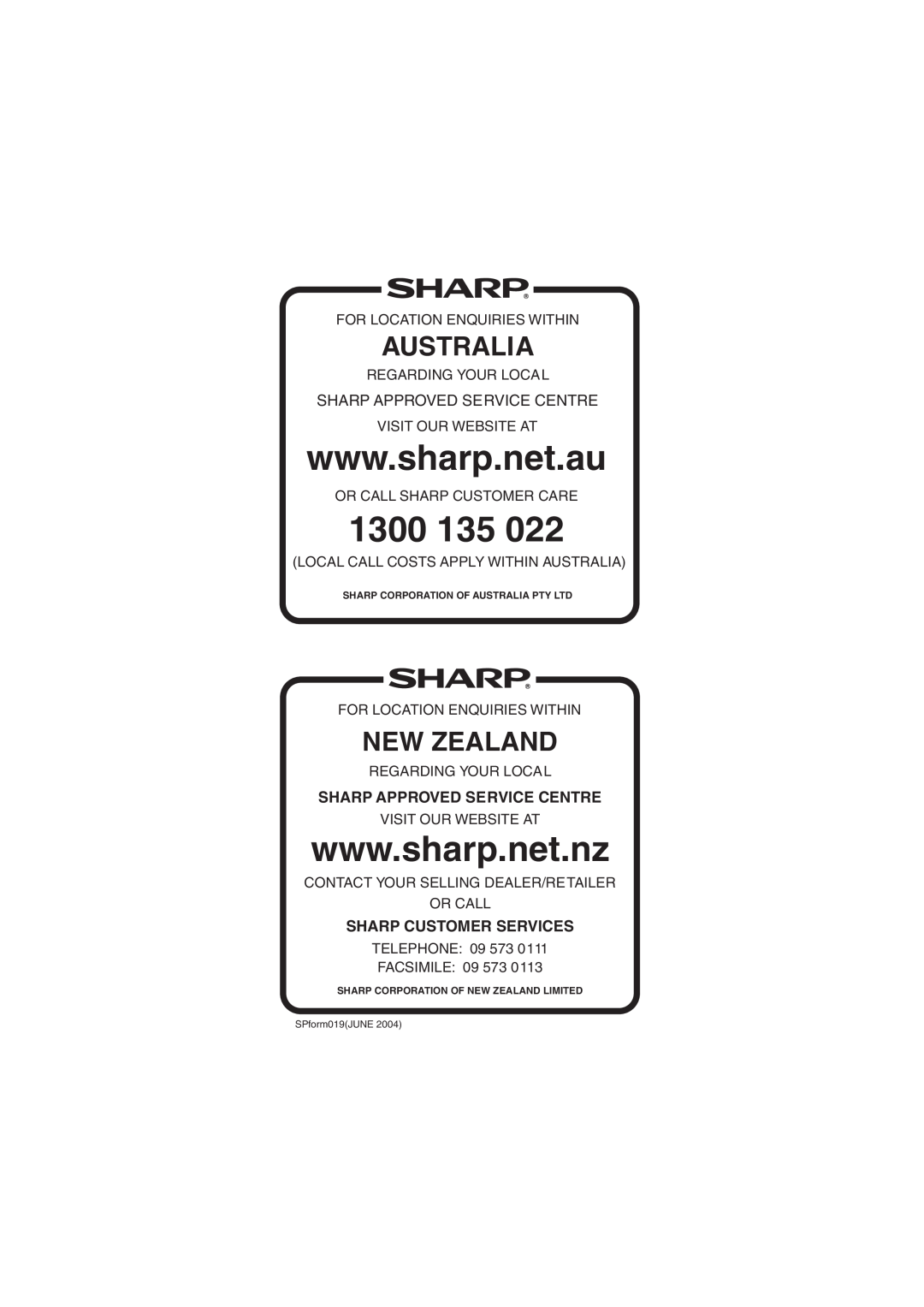 Sharp R-1900J operation manual 1300 135, Australia, New Zealand, Sharp Approved Service Centre, Sharp Customer Services 