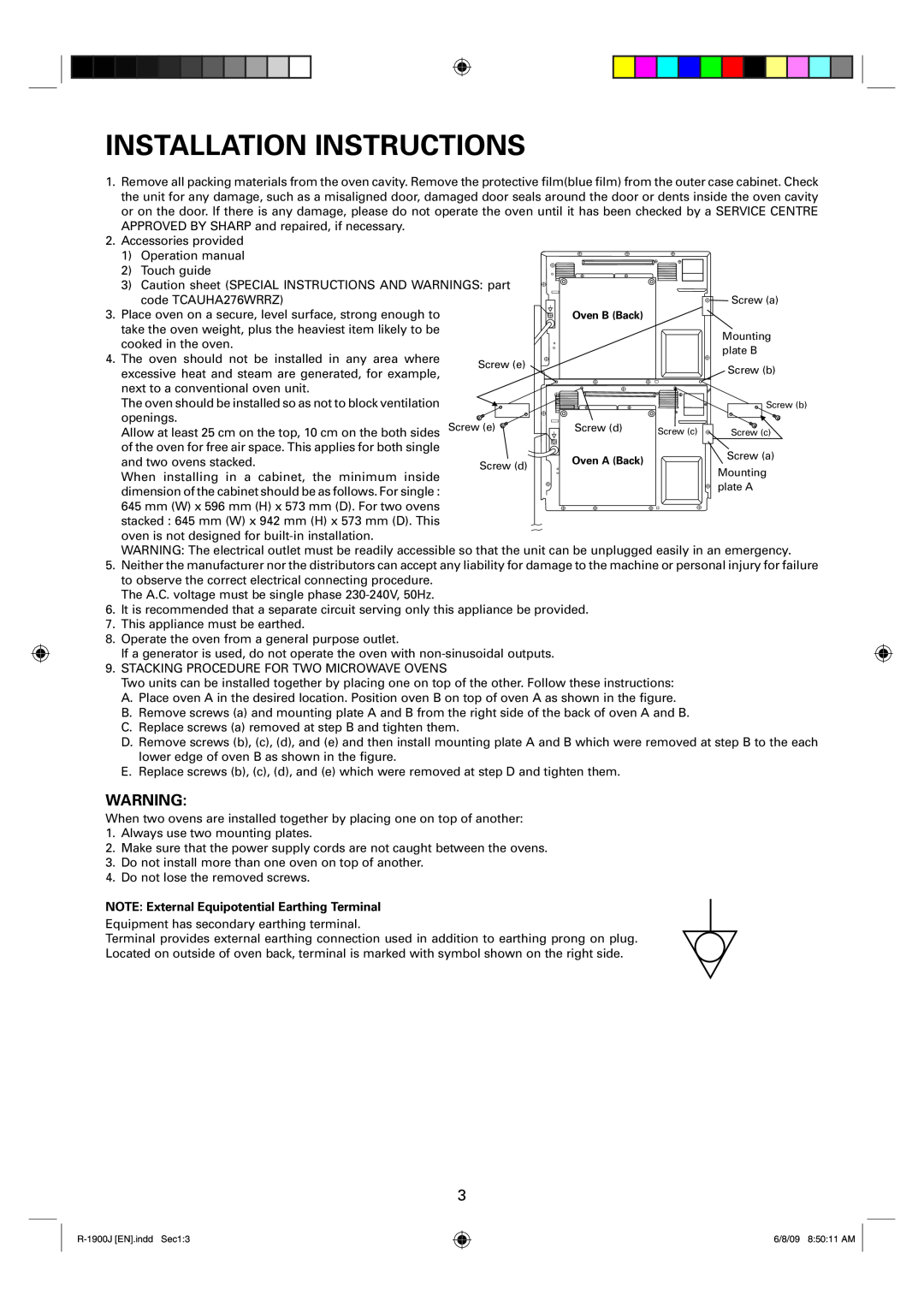 Sharp R-1900J operation manual Installation Instructions, NOTE External Equipotential Earthing Terminal 