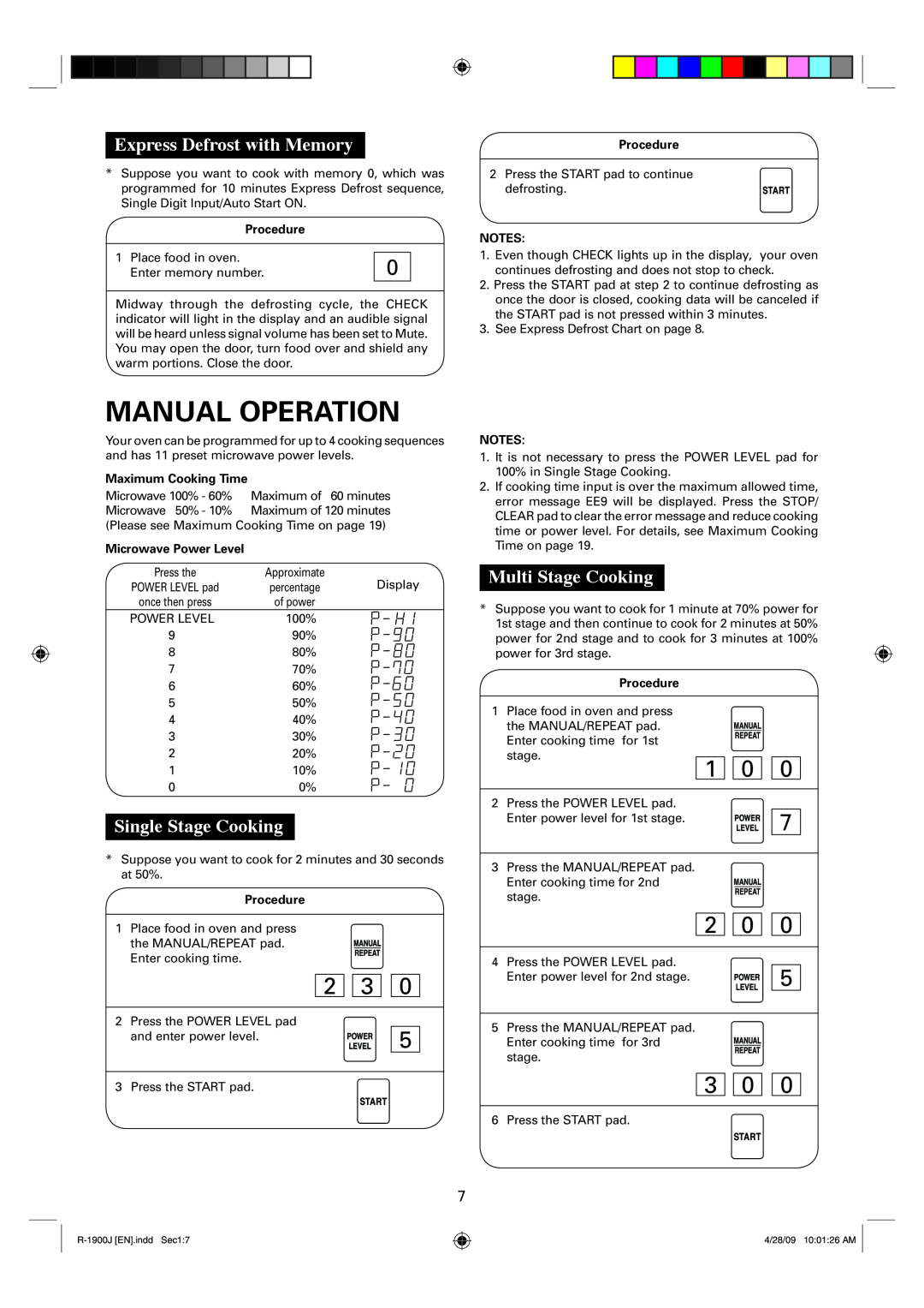 Sharp R-1900J Manual Operation, 2 3, 3 0, Express Defrost with Memory, Single Stage Cooking, Multi Stage Cooking 