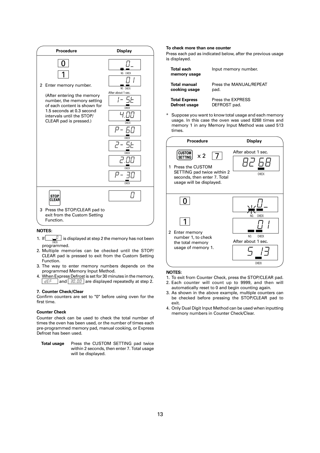 Sharp R-1900M operation manual ProcedureDisplay To check more than one counter, Counter Check/Clear 