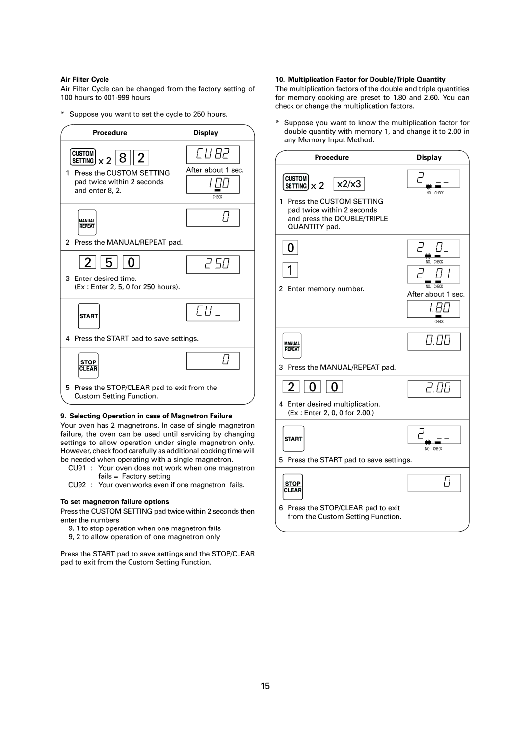 Sharp R-1900M operation manual Air Filter Cycle, Multiplication Factor for Double/Triple Quantity, Display 