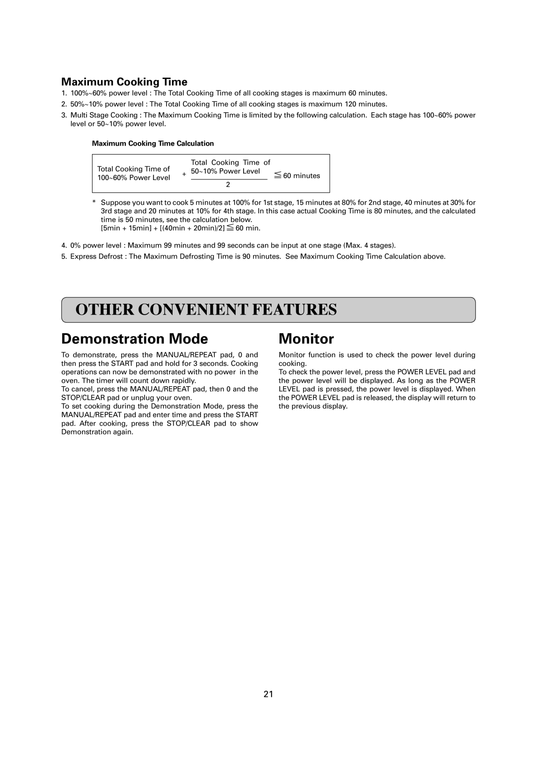 Sharp R-1900M operation manual Other Convenient Features, Demonstration Mode, Monitor, Maximum Cooking Time Calculation 