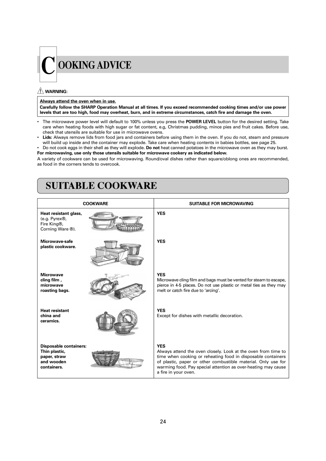 Sharp R-1900M operation manual Ooking Advice, Suitable Cookware 