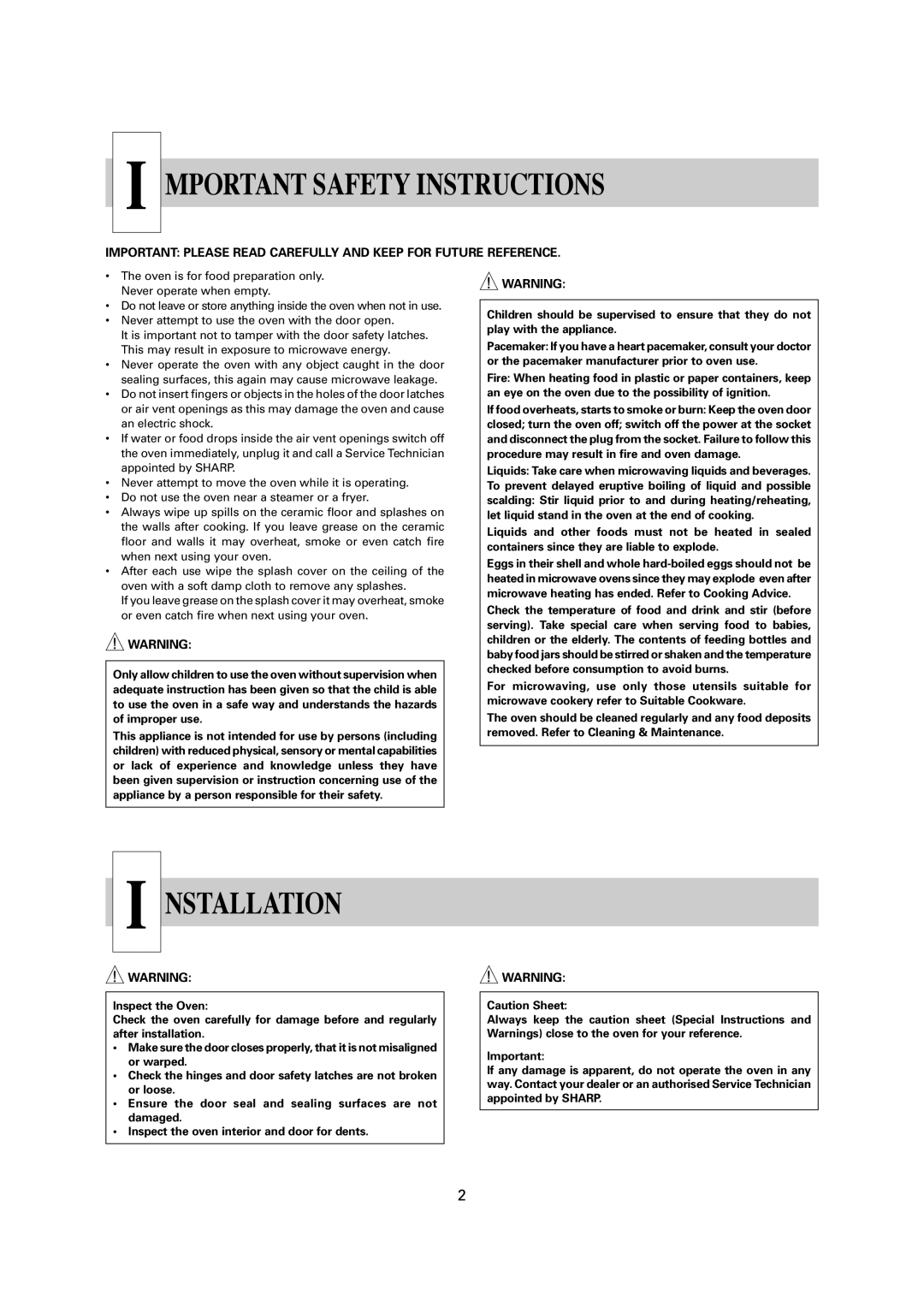 Sharp R-1900M operation manual Mportant Safety Instructions, Nstallation 