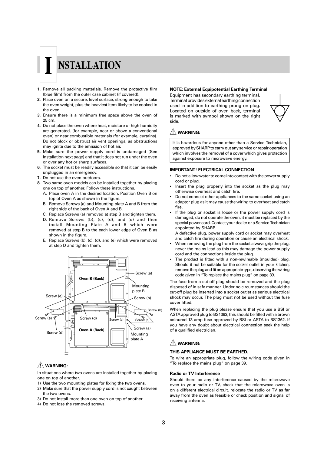 Sharp R-1900M operation manual IMPORTANT! Electrical Connection, Radio or TV Interference 