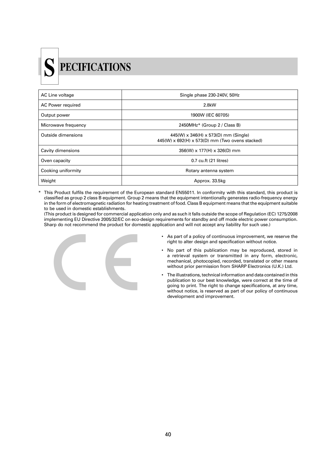 Sharp R-1900M operation manual Pecifications 