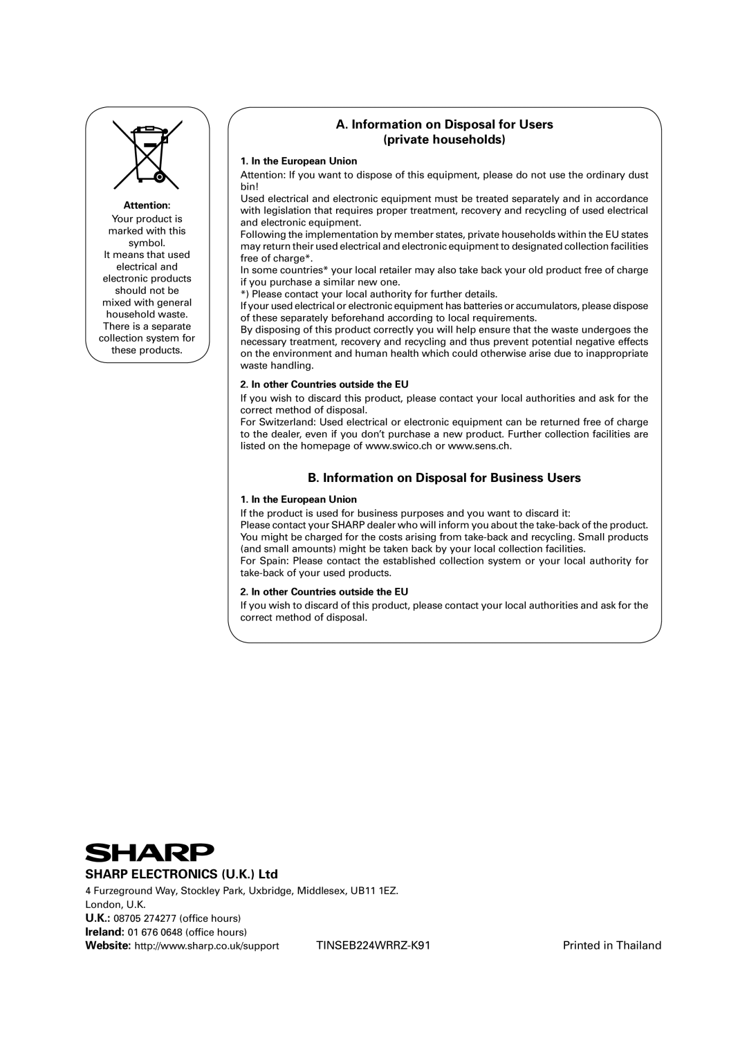 Sharp R-1900M operation manual European Union, Other Countries outside the EU 