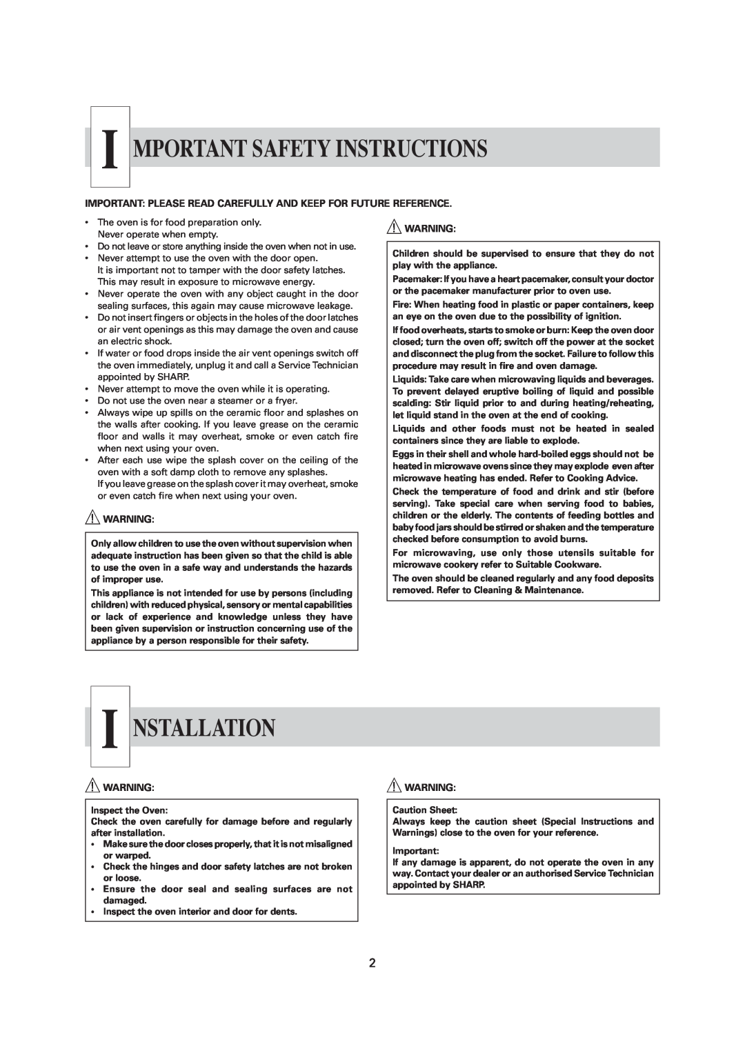 Sharp R-1900M operation manual Mportant Safety Instructions, I Nstallation 