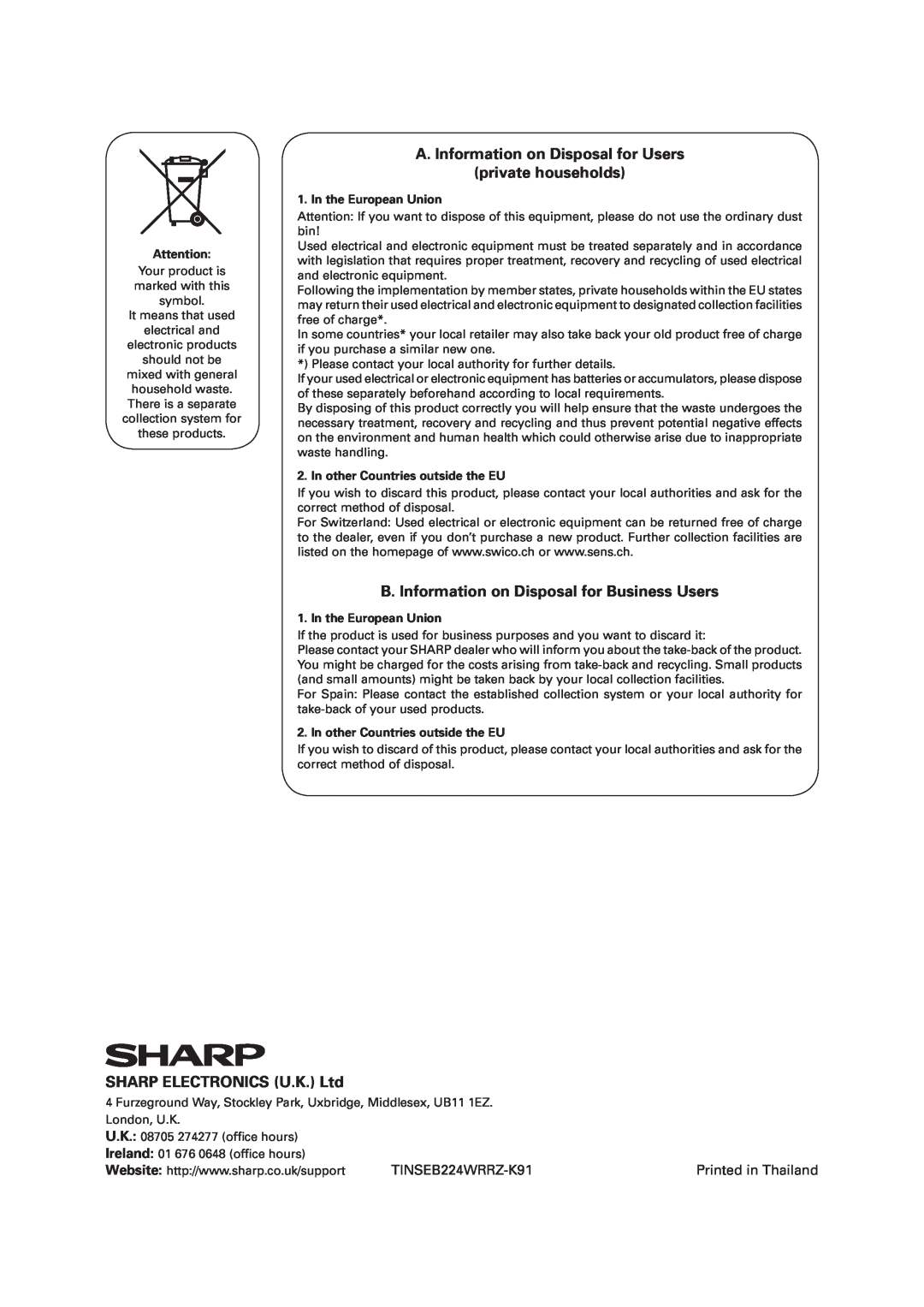 Sharp R-1900M A. Information on Disposal for Users, private households, B. Information on Disposal for Business Users 