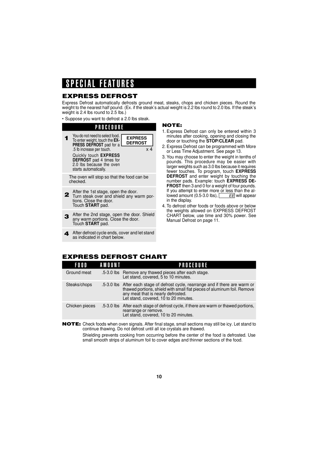 Sharp R-190HK/HW operation manual E C I a L F E AT U R E S, O C E D U R E, Express Defrost Chart 