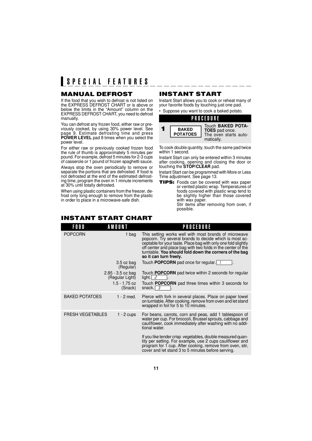 Sharp R-190HK/HW operation manual O D O U N T O C E D U R E, Manual Defrost, Instant Start Chart 