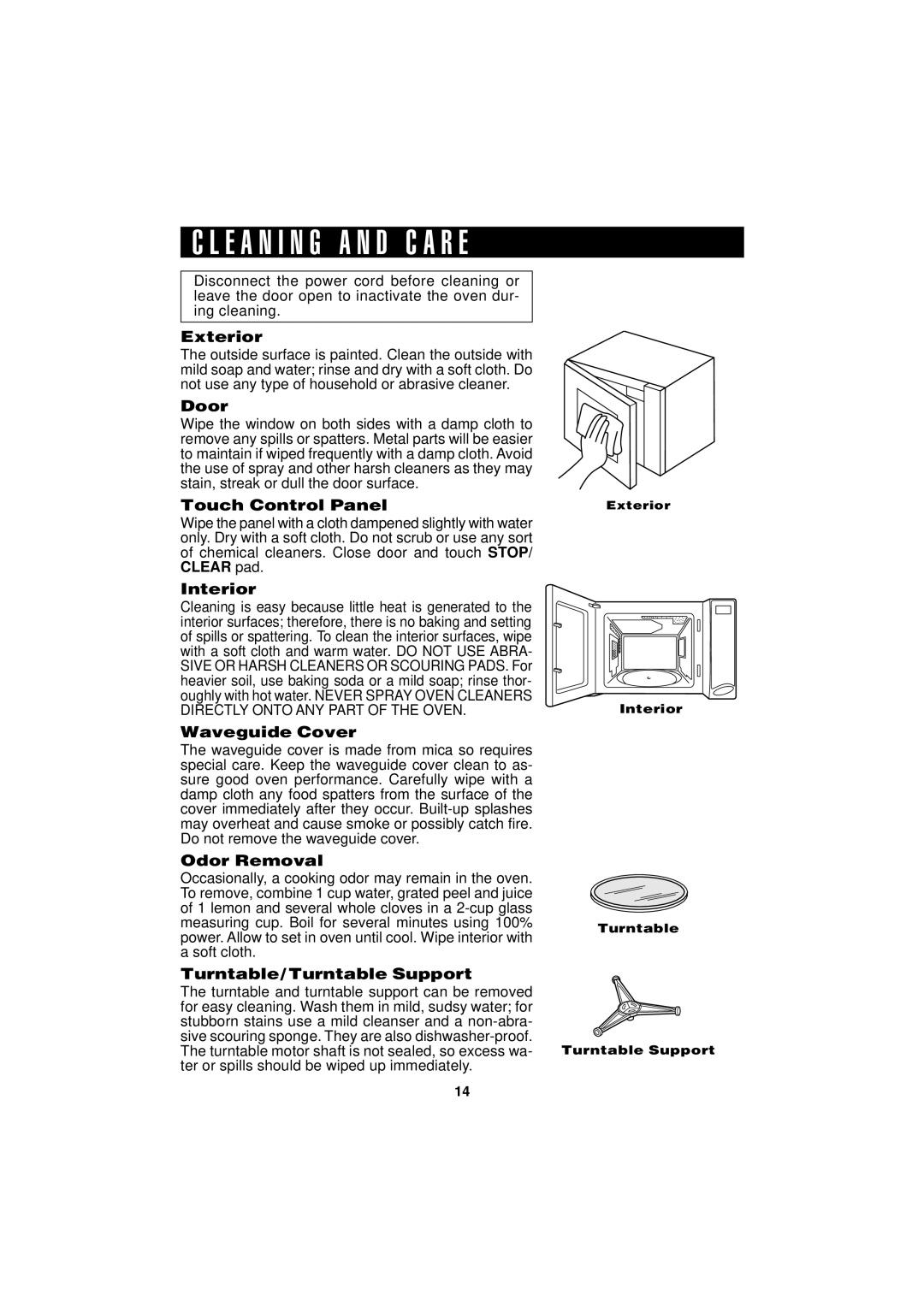 Sharp R-190HK/HW operation manual E a N I N G a N D C a R E, Interior Turntable Turntable Support 