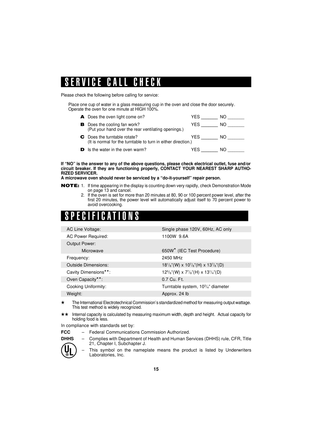 Sharp R-190HK/HW operation manual Rized Servicer, Fcc, Dhhs 