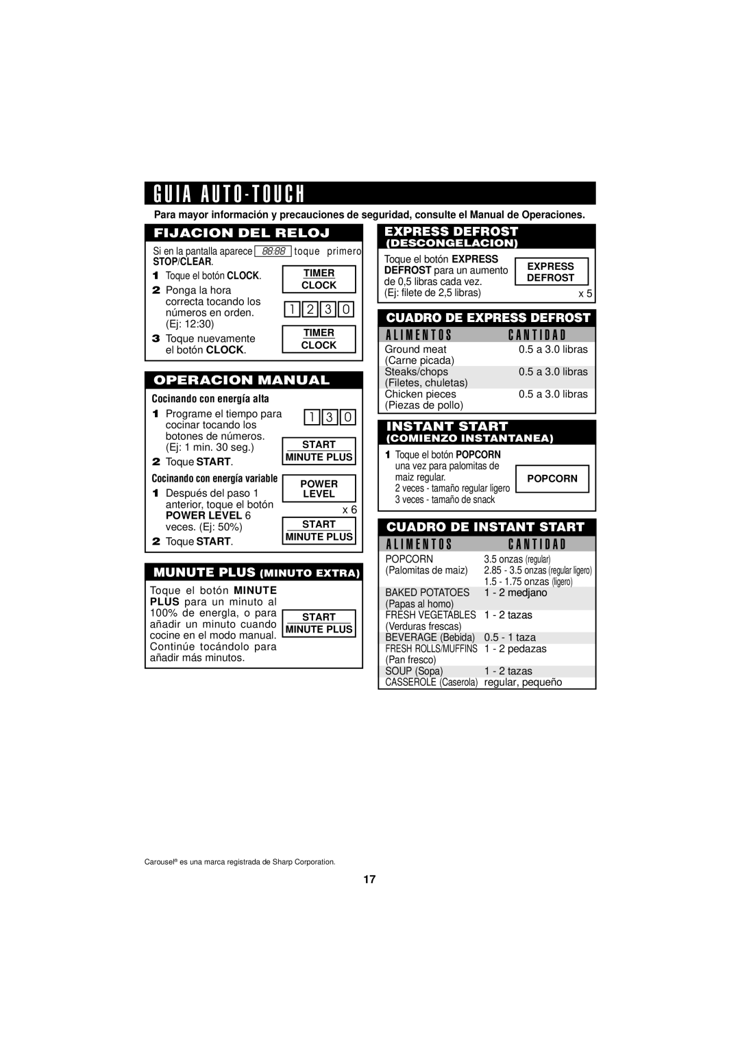 Sharp R-190HK/HW Stop/Clear, Express Defrost Timer, Power Level 6 veces. Ej 50%, Start Minute Plus Power Level, Popcorn 