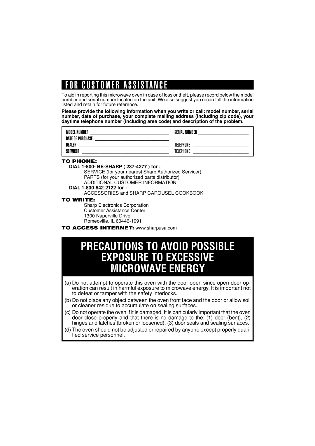 Sharp R-190HK/HW operation manual R C U S T O M E R a S S I S T a N C E, Model Number Serial Number 