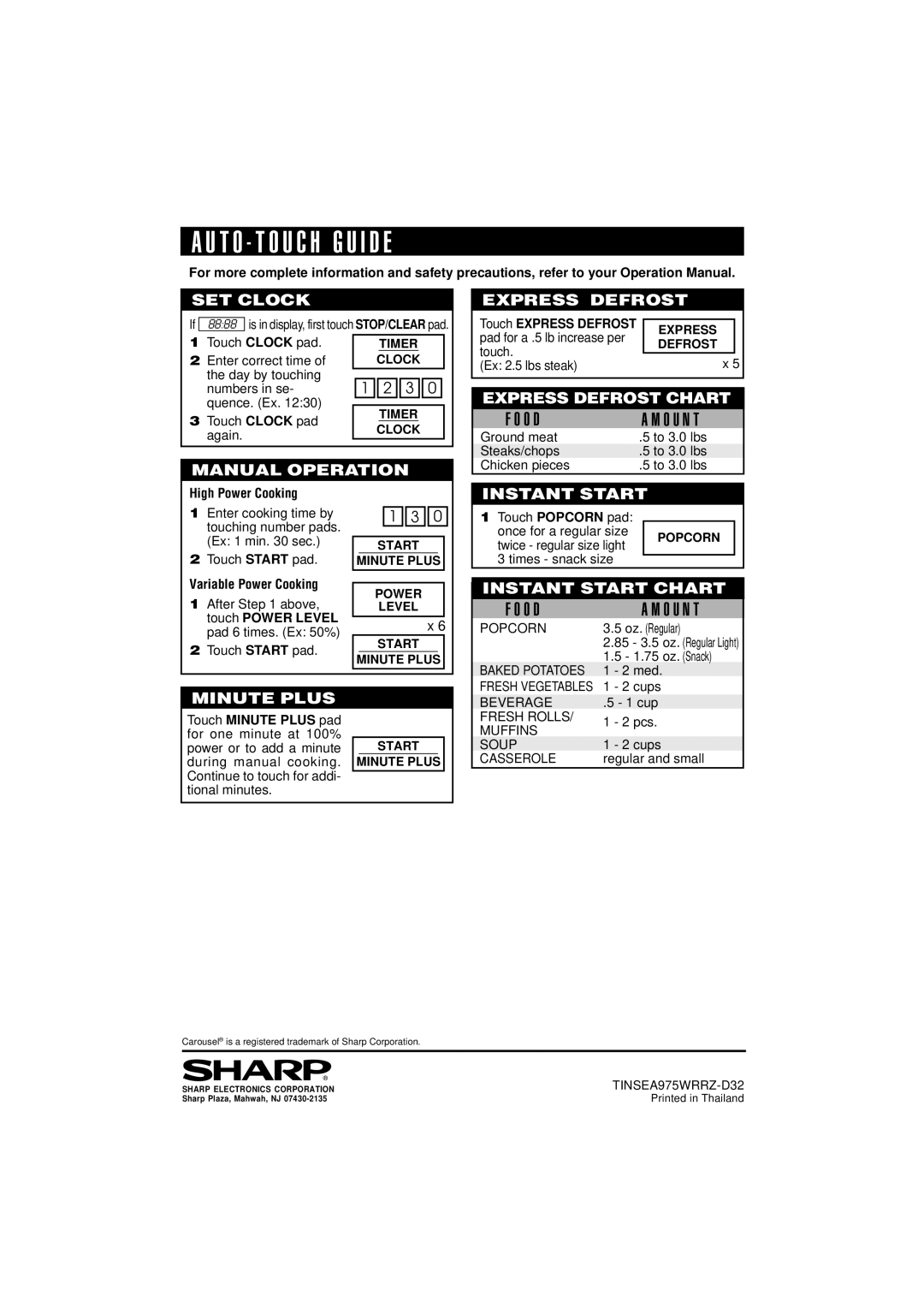 Sharp R-190HK/HW operation manual Touch Express Defrost, High Power Cooking, Variable Power Cooking, TINSEA975WRRZ-D32 