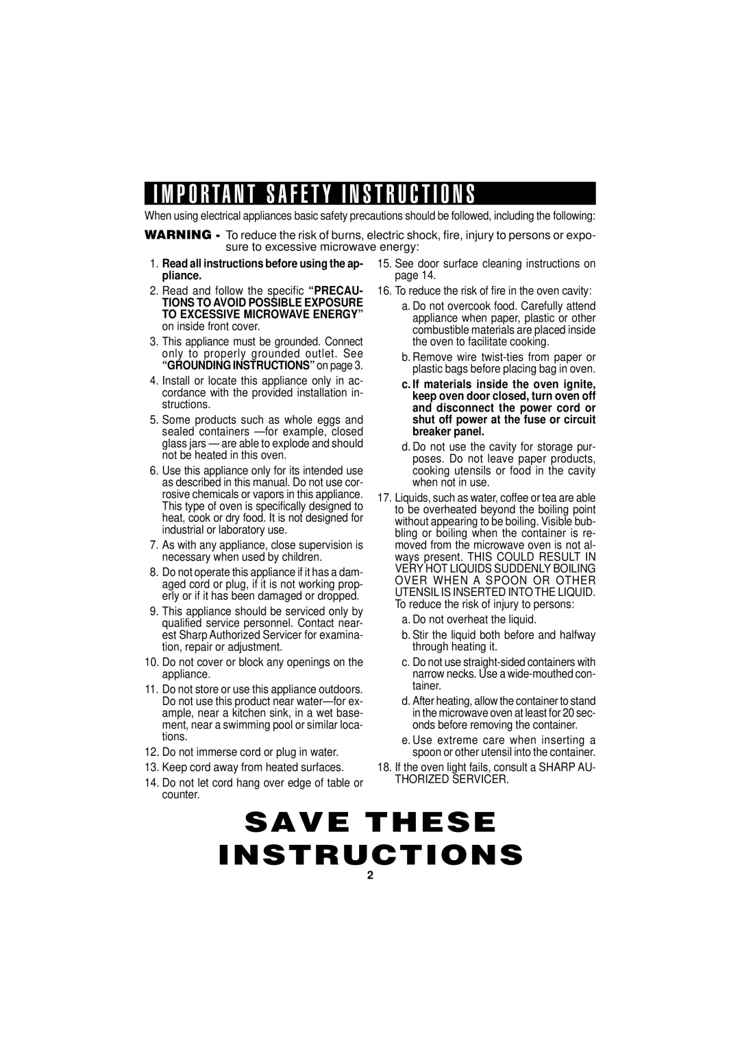 Sharp R-190HK/HW operation manual Save These Instructions 