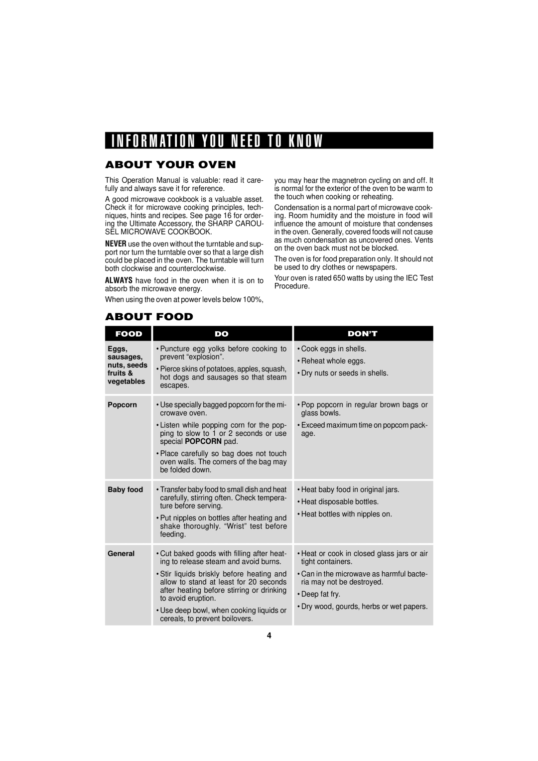 Sharp R-190HK/HW operation manual About Your Oven, About Food 