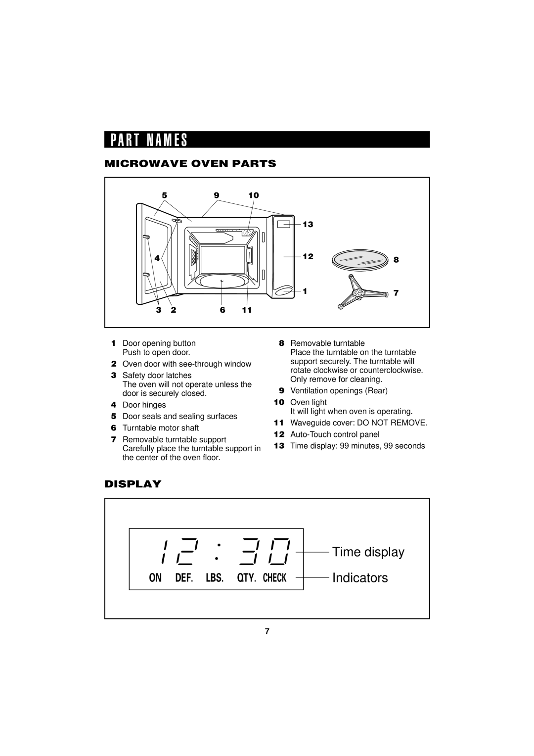 Sharp R-190HK/HW operation manual R T N a M E S, Microwave Oven Parts, Display 