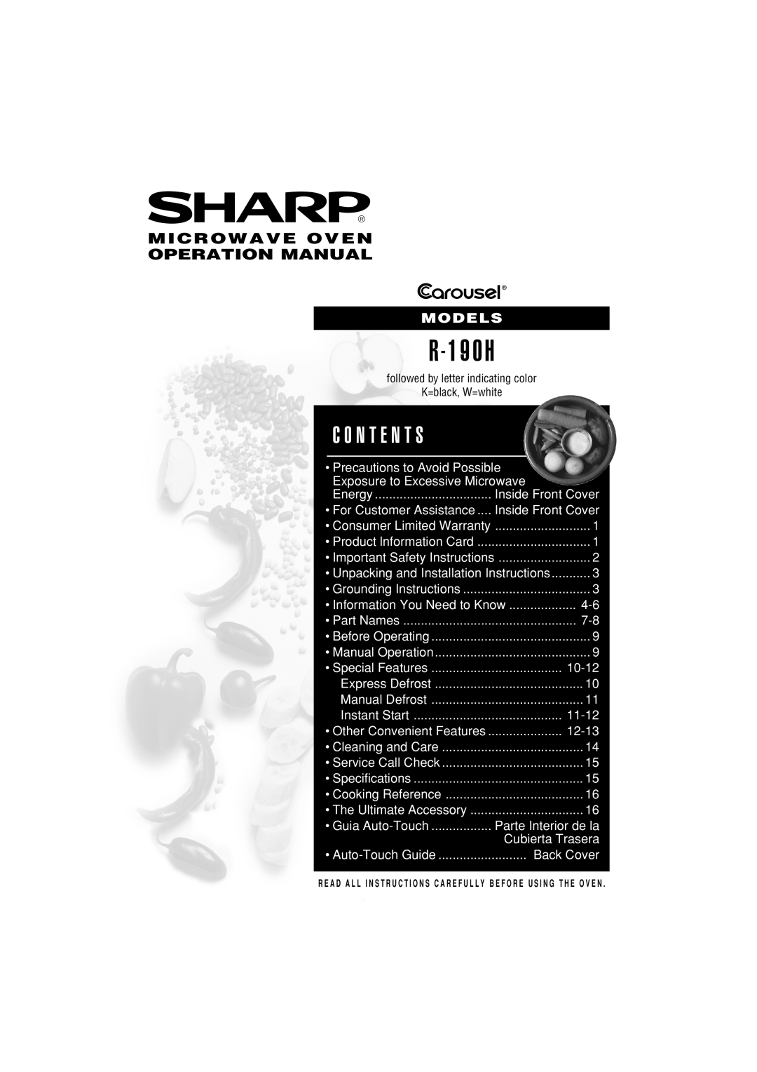 Sharp R-190HK/HW operation manual C O N T E N T S, Microwave Oven Operation Manual, R - 1 9 0 H, Models 