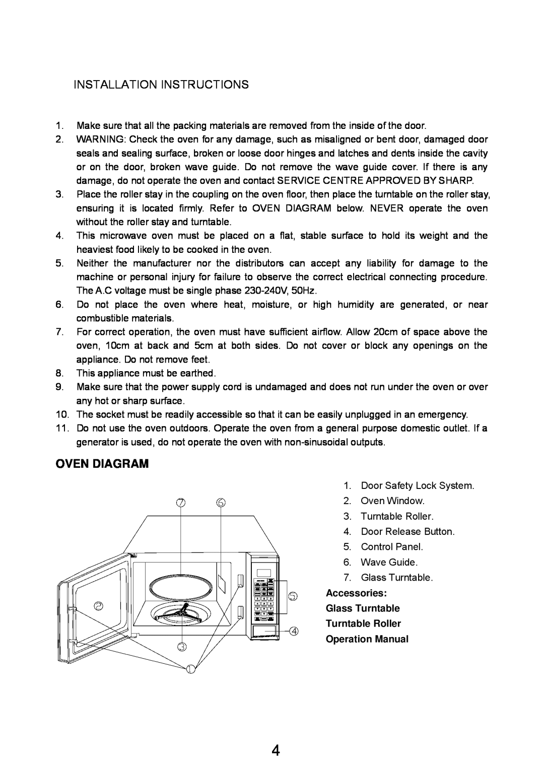 Sharp R-200Y manual Oven Diagram, Installation Instructions 