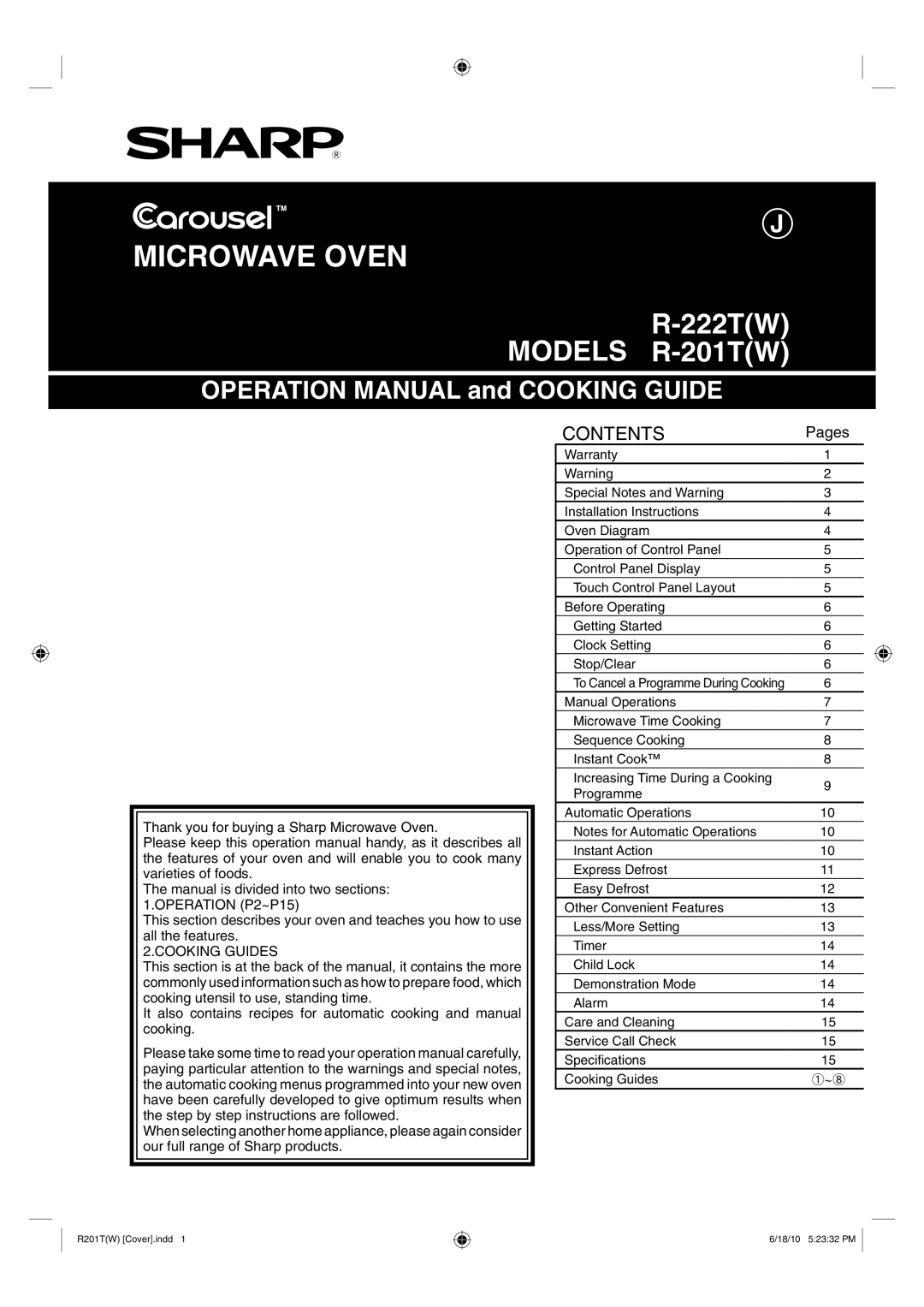 Sharp R-222T(W), R-201T(W) operation manual Microwave Oven 