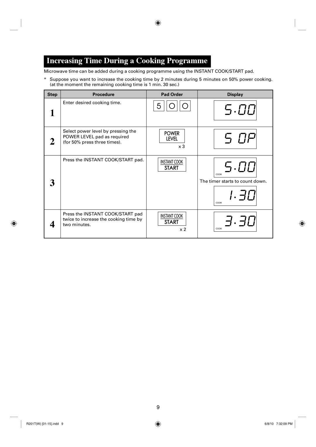 Sharp R-201T(W), R-222T(W) operation manual Increasing Time During a Cooking Programme 