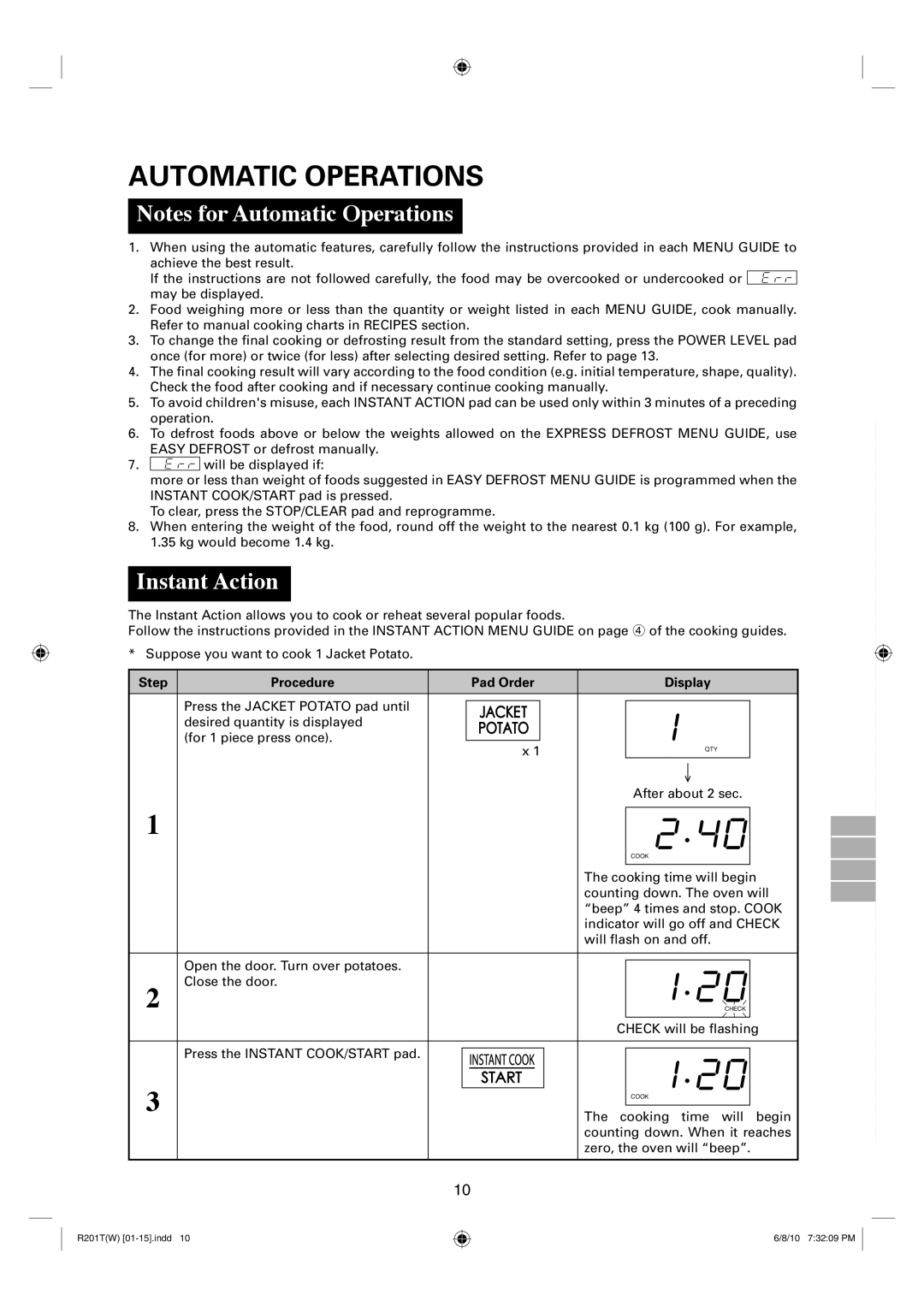 Sharp R-222T(W), R-201T(W) operation manual Automatic Operations, Instant Action 