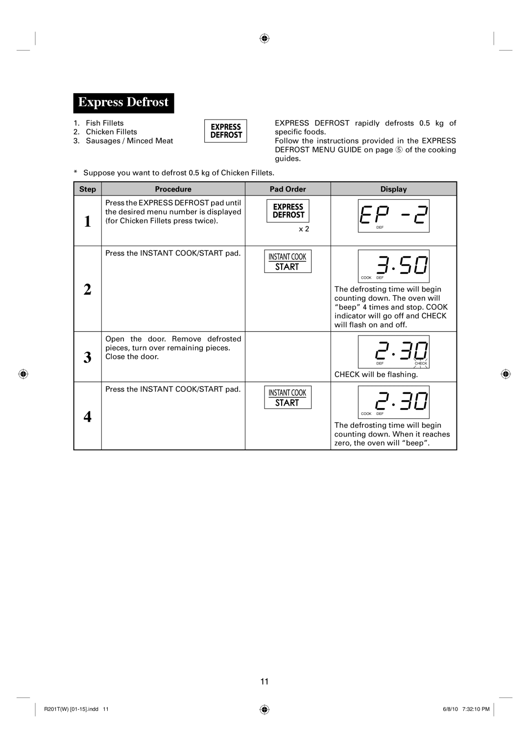 Sharp R-201T(W), R-222T(W) operation manual Express Defrost 