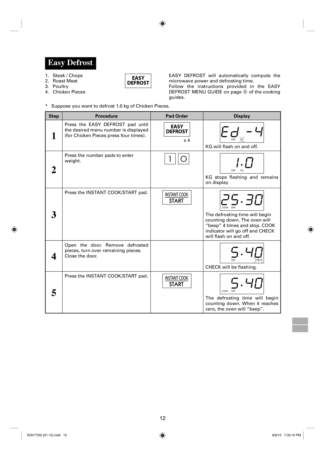 Sharp R-222T(W), R-201T(W) operation manual Easy Defrost 