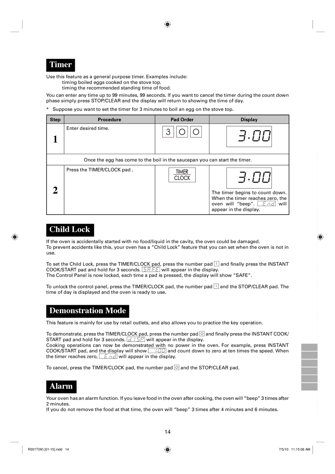 Sharp R-222T(W), R-201T(W) operation manual Timer, Child Lock, Demonstration Mode, Alarm 