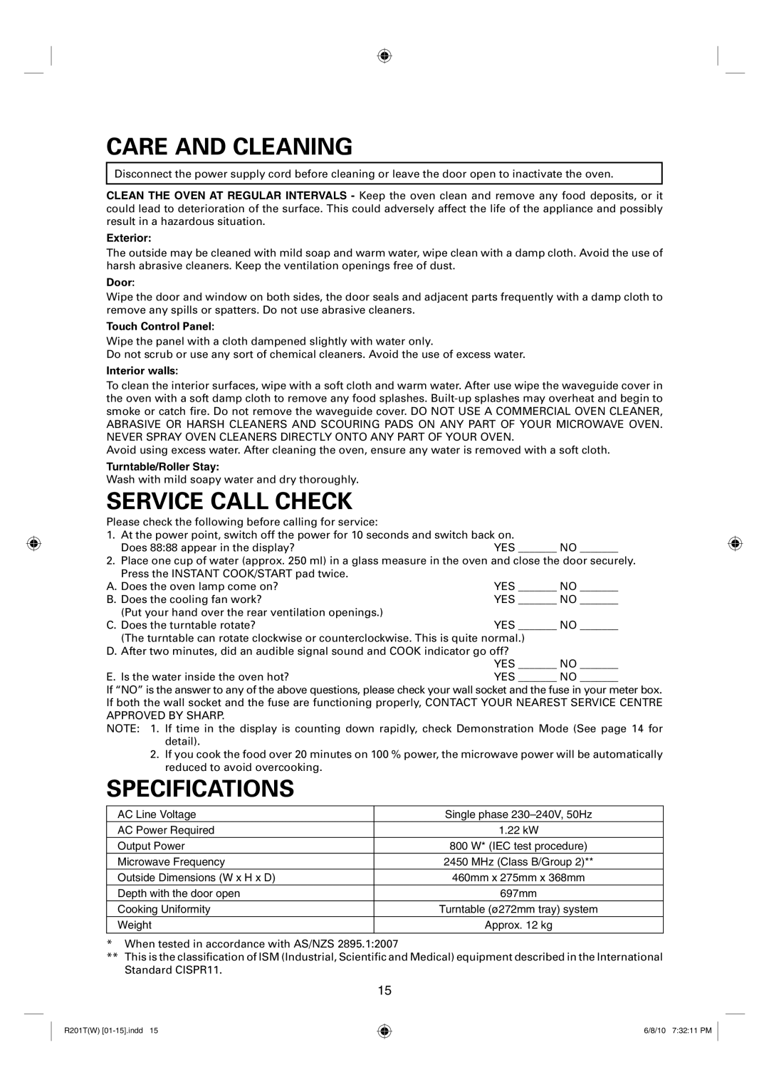 Sharp R-201T(W), R-222T(W) operation manual Care and Cleaning, Service Call Check, Specifications 