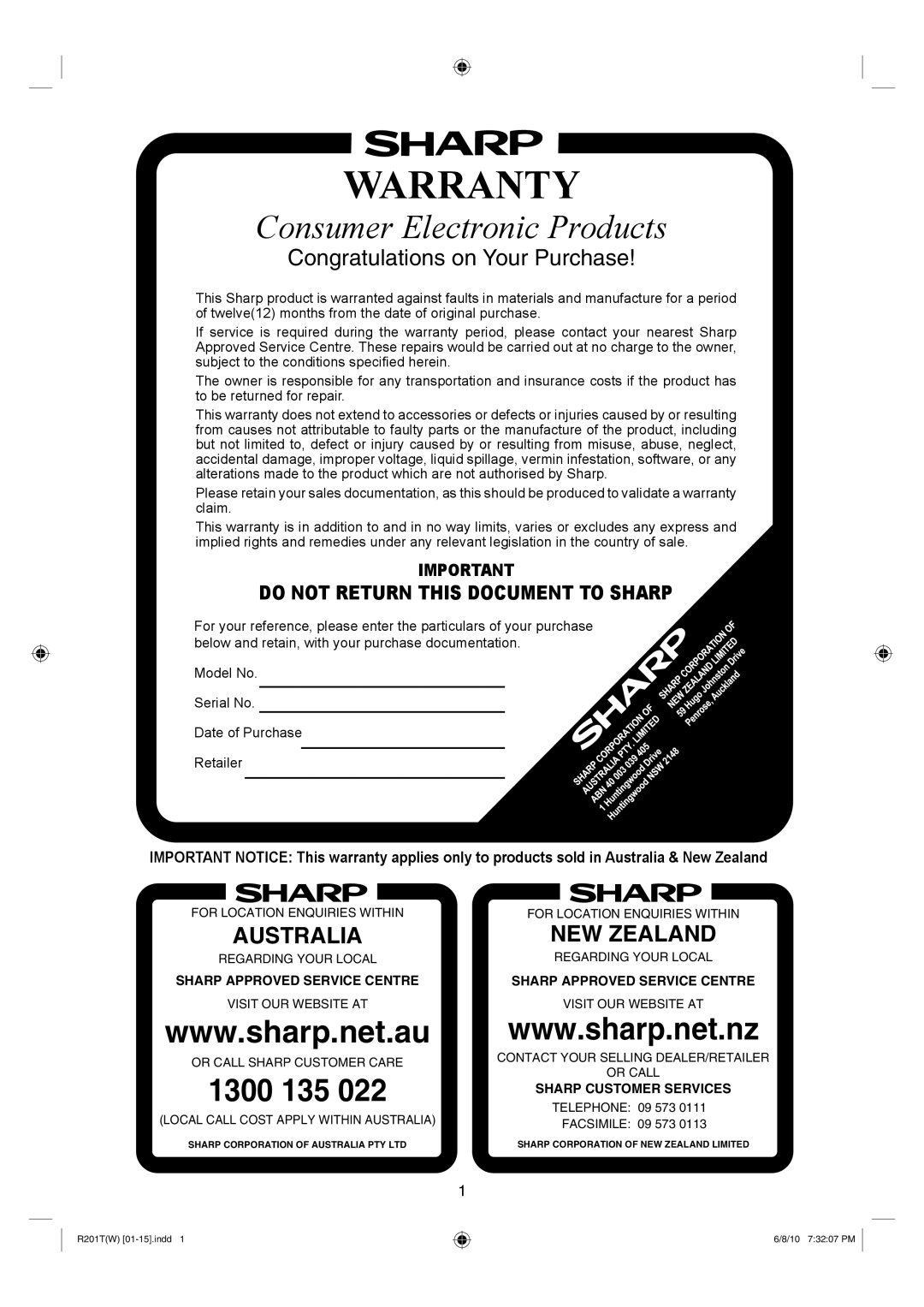 Sharp R-201T(W), R-222T(W) operation manual Warranty 