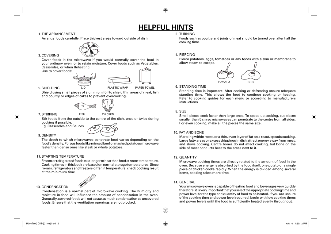 Sharp R-222T(W), R-201T(W) operation manual Helpful Hints 