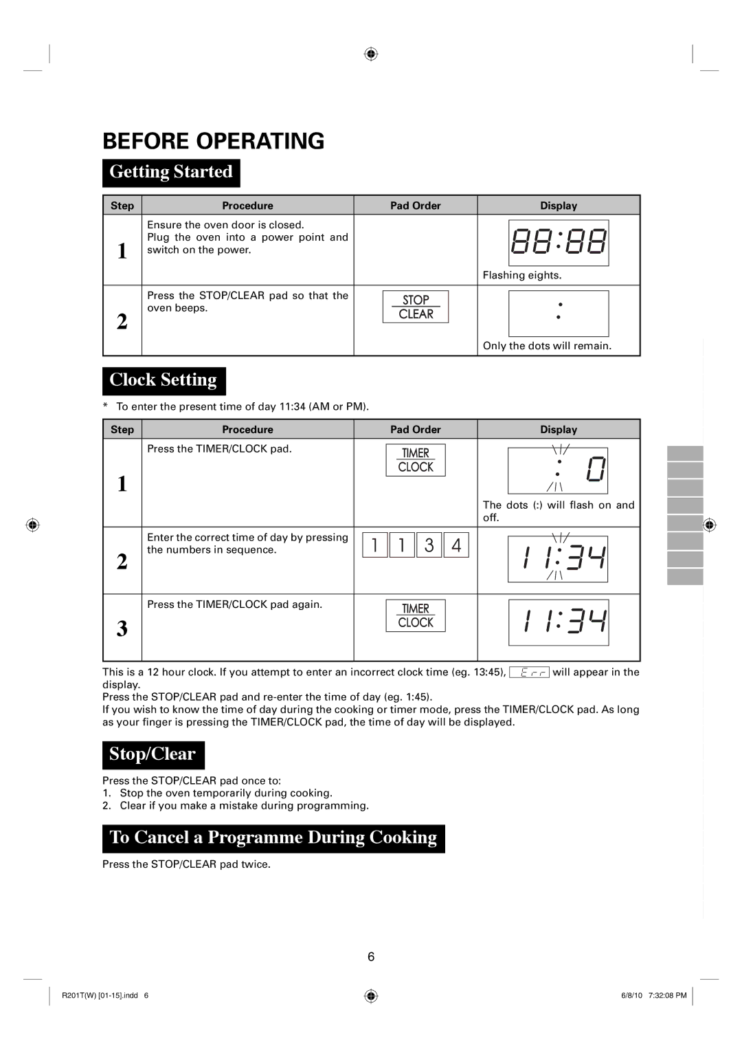 Sharp R-222T(W) Before Operating, Getting Started, Clock Setting, Stop/Clear, To Cancel a Programme During Cooking 