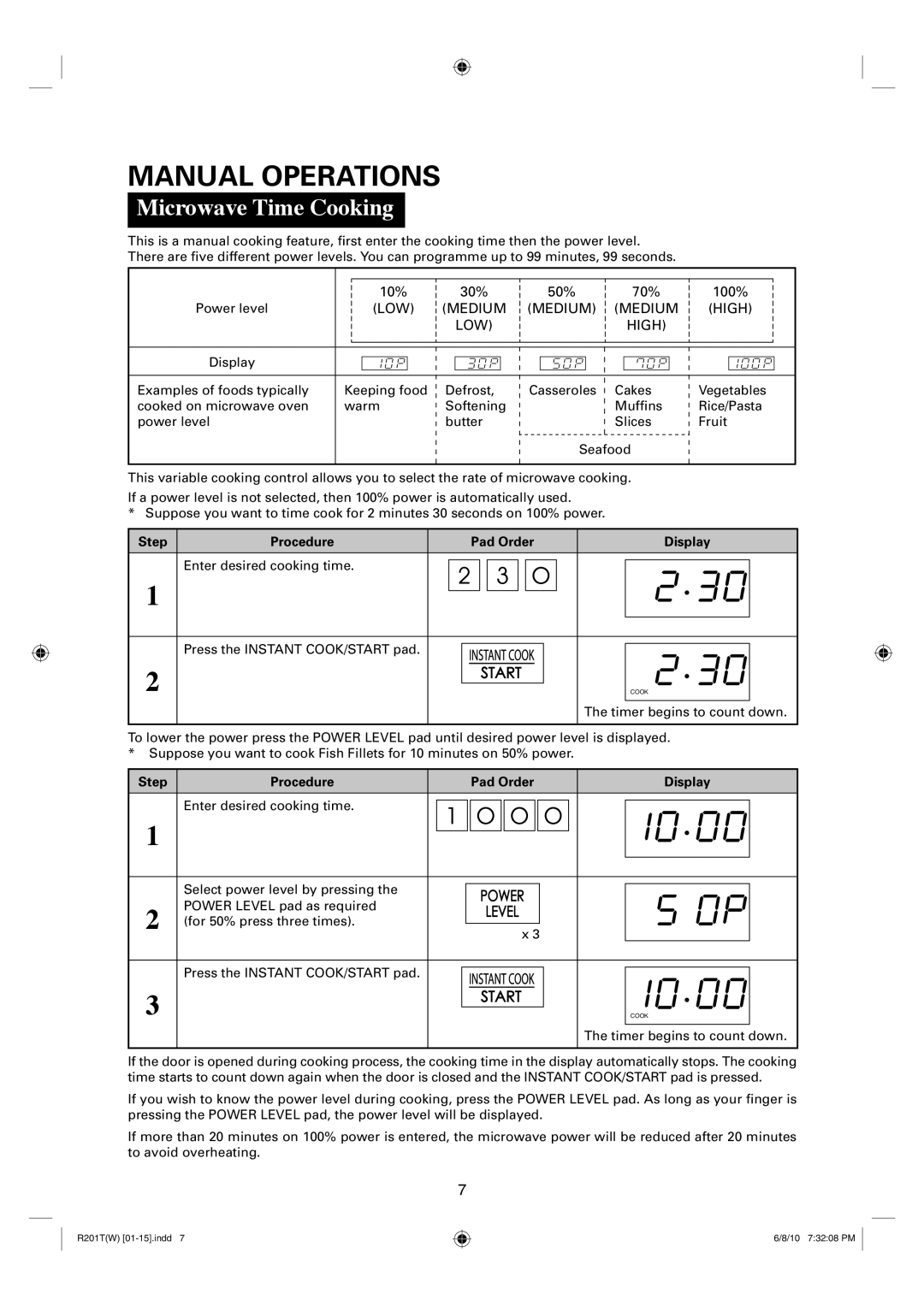 Sharp R-201T(W), R-222T(W) operation manual Manual Operations, Microwave Time Cooking 