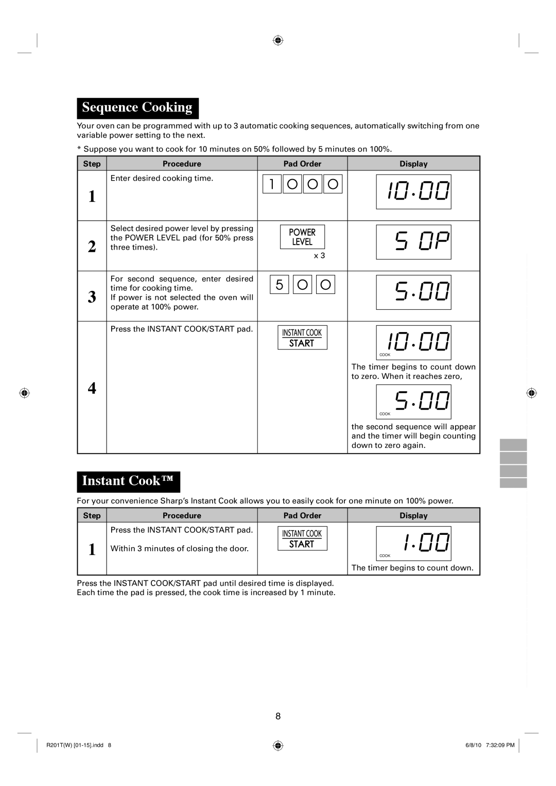 Sharp R-222T(W), R-201T(W) operation manual Sequence Cooking, Instant Cook 