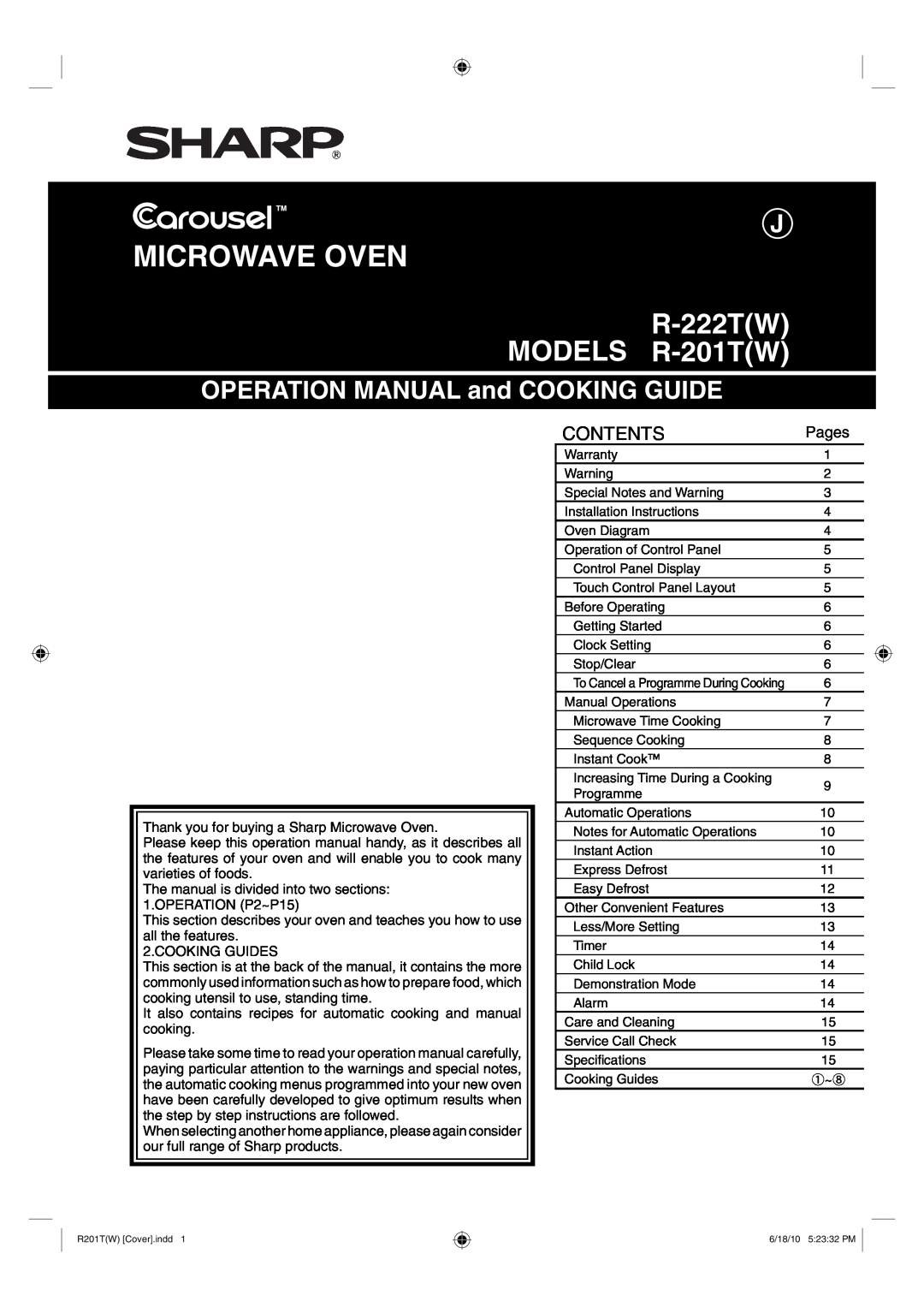 Sharp R-222T(W), R-201T(W) operation manual Microwave Oven, R-222TW MODELS R-201TW, Contents, Pages 