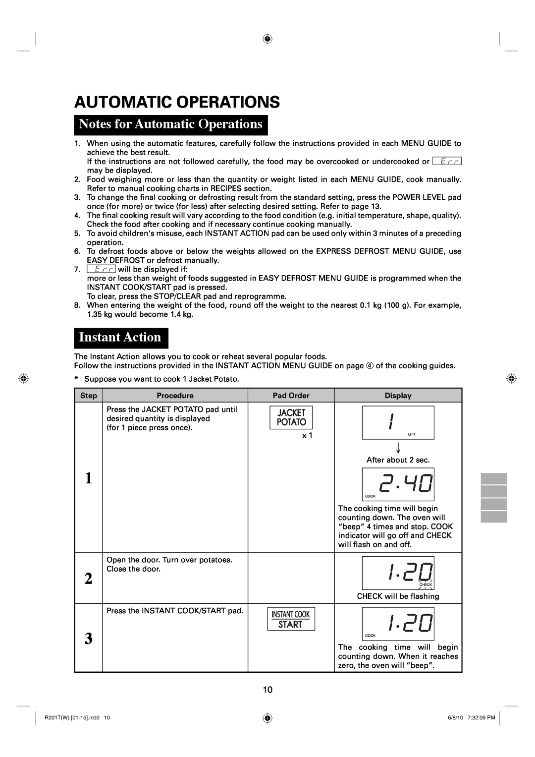 Sharp R-222T(W), R-201T(W) operation manual Notes for Automatic Operations, Instant Action 